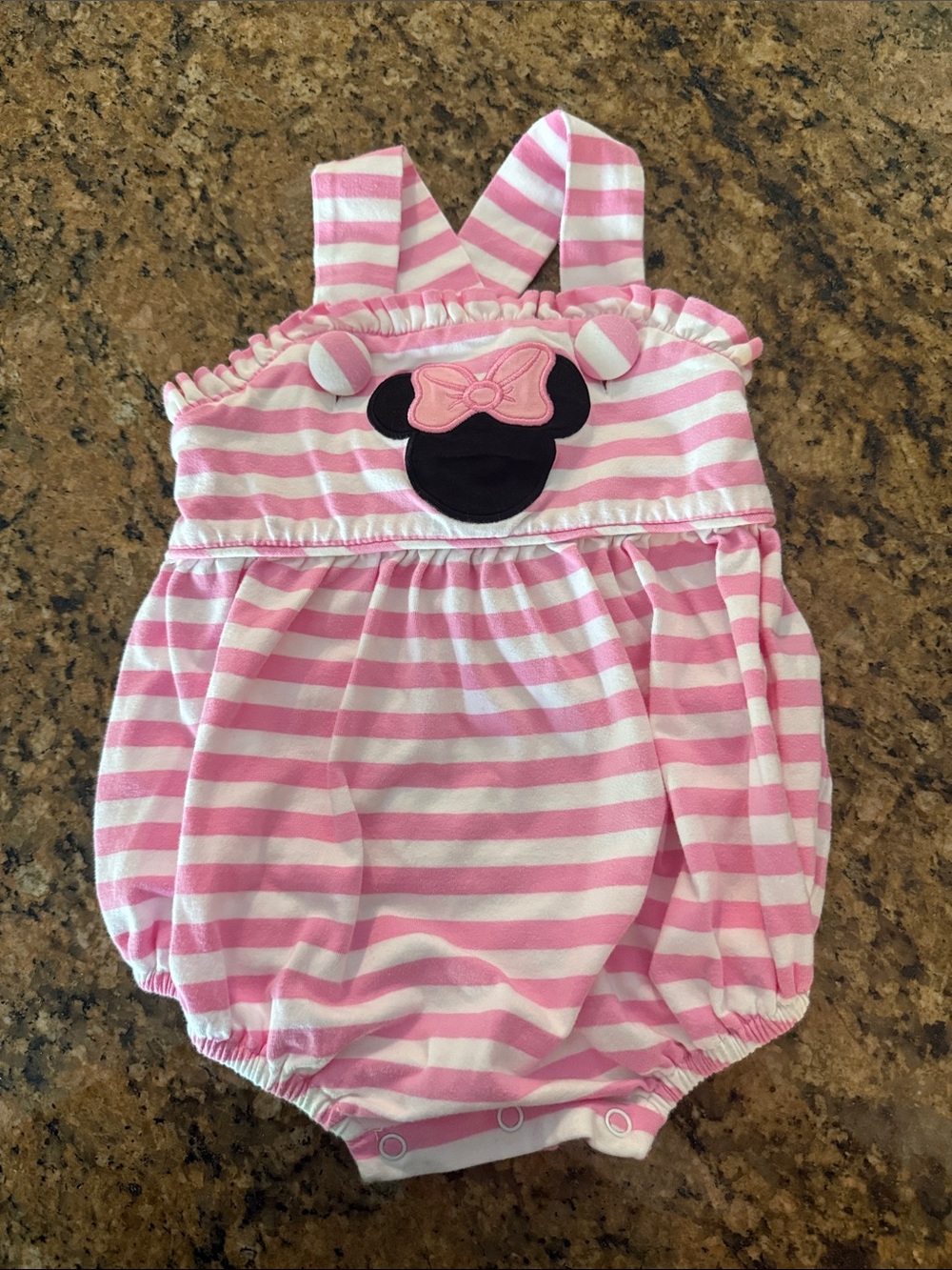 Stitchy Fish Pink Striped Baby Romper with Minnie Mouse Applique
